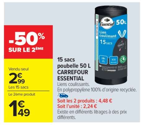 15 sacs poubelle 50 L CARREFOUR ESSENTIAL