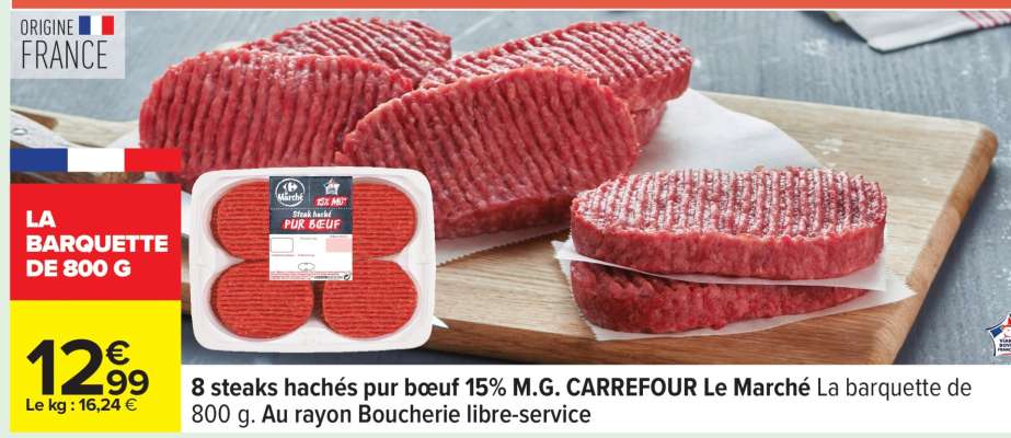 8 steaks hachés pur bœuf 15% M.G. CARREFOUR Le Marché