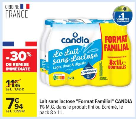 Lait sans lactose «Format Familial» CANDIA