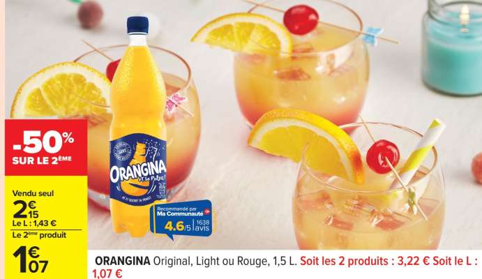 ORANGINA Original, Light ou Rouge, 1.5 L