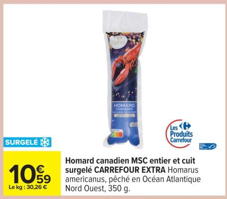 Homard canadien MSC entier et cuit surgelé CARREFOUR EXTRA