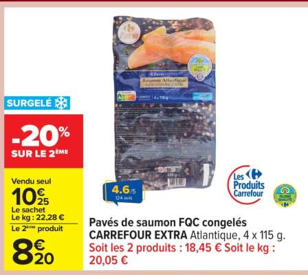 Pavés de saumon FQC congelés CARREFOUR EXTRA Atlantique, 4 x 115 g