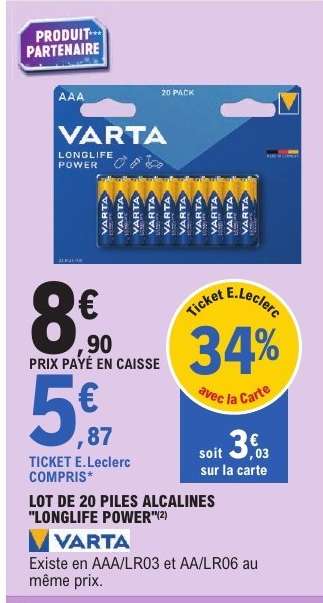 LOT DE 20 PILES ALCALINES "LONGLIFE POWER"