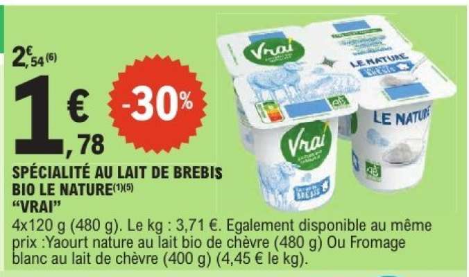 SPÉCIALITÉ AU LAIT DE BREBIS BIO LE NATURE "VRAI"