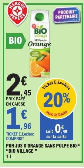 PUR JUS D'ORANGE SANS PULPE BIO "BIO VILLAGE"