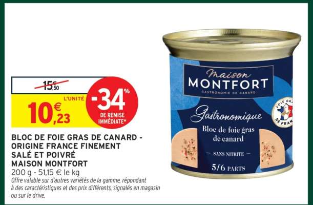 Bloc de foie gras de canard - Origine France finement salé et poivré Maison Montfort