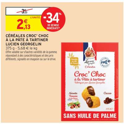 CÉRÉALES CROC' CHOC À LA PÂTE À TARTINER LUCIEN GEORGELIN