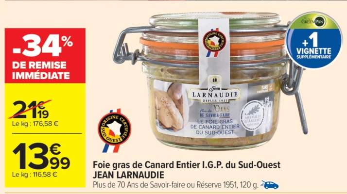 Foie gras de Canard Entier I.G.P. du Sud-Ouest JEAN LARNAUDIE