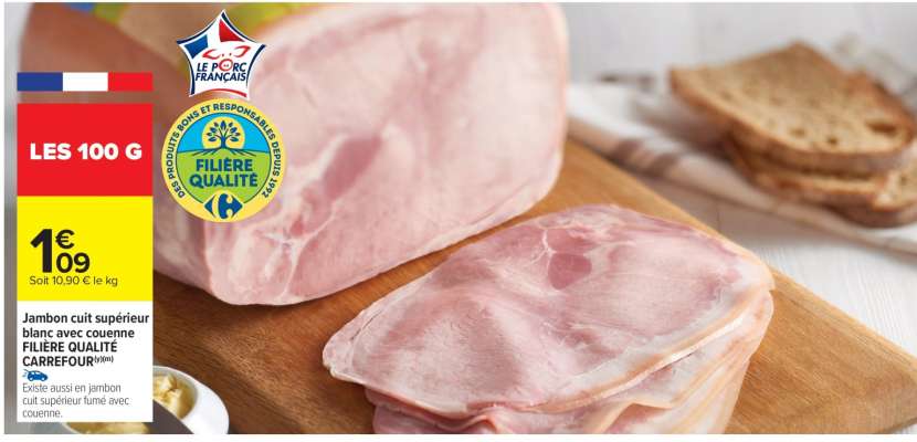 Jambon cuit supérieur blanc avec couenne FILIÈRE QUALITÉ CARREFOUR