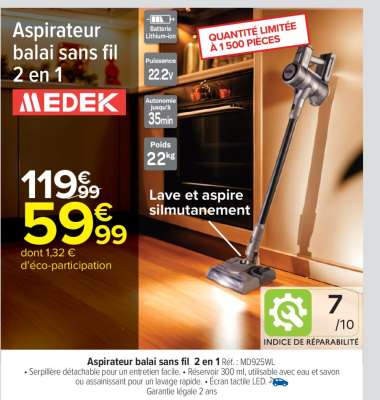 Aspirateur balai sans fil 2 en 1