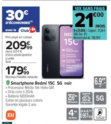 Smartphone Redmi 15C 5G noir