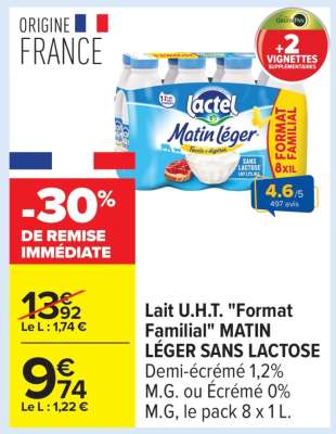 Lait U.H.T. «Format Familial» MATIN LÉGER SANS LACTOSE