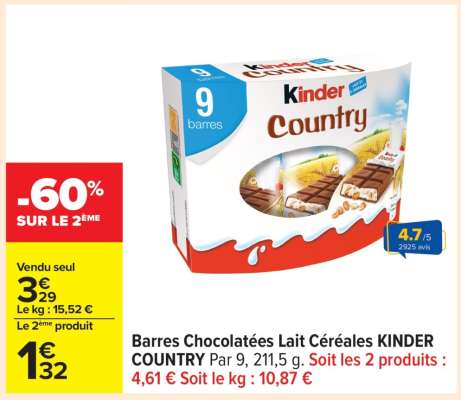 Barres Chocolatées Lait Céréales KINDER COUNTRY
