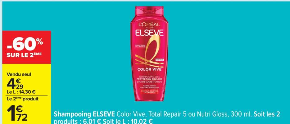 Shampooing ELSEVE Color Vive, Total Repair 5 ou Nutri Gloss
