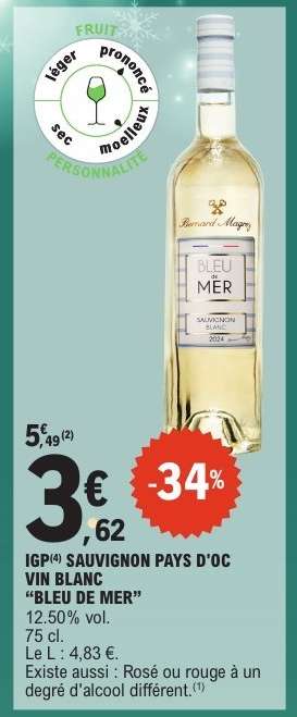 IGP SAUVIGNON PAYS D'OC VIN BLANC "BLEU DE MER"