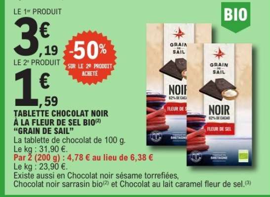 TABLETTE CHOCOLAT NOIR À LA FLEUR DE SEL BIO 'GRAIN DE SAIL'