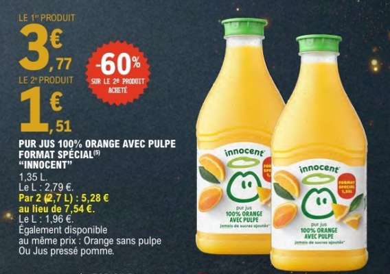 PUR JUS 100% ORANGE AVEC PULPE FORMAT SPÉCIAL 'INNOCENT'