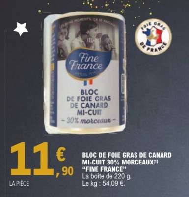BLOC DE FOIE GRAS DE CANARD MI-CUIT 30% MORCEAUX 'FINE FRANCE'