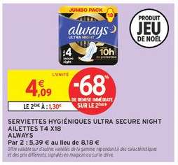SERVIETTES HYGIÉNIQUES ULTRA SECURE NIGHT AILETTES T4 X18 ALWAYS