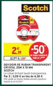 DEVIDOIR DE RUBAN TRANSPARENT CRYSTAL 25M X 19 MM SCOTCH