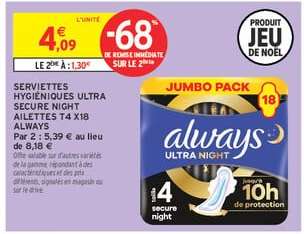 SERVIETTES HYGIÉNIQUES ULTRA SECURE NIGHT AILETTES T4 X18 ALWAYS