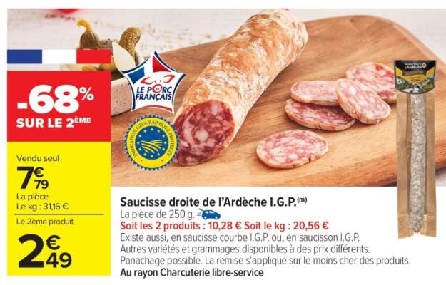 Saucisse droite de l'Ardèche I.G.P