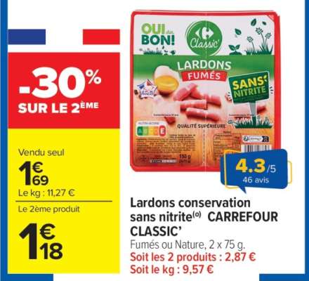 Lardons conservation sans nitrite CARREFOUR CLASSIC'