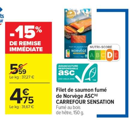 Filet de saumon fumé de Norvège ASC CARREFOUR SENSATION