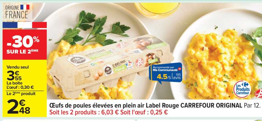 Œufs de poules élevées en plein air Label Rouge CARREFOUR ORIGINAL Par 12