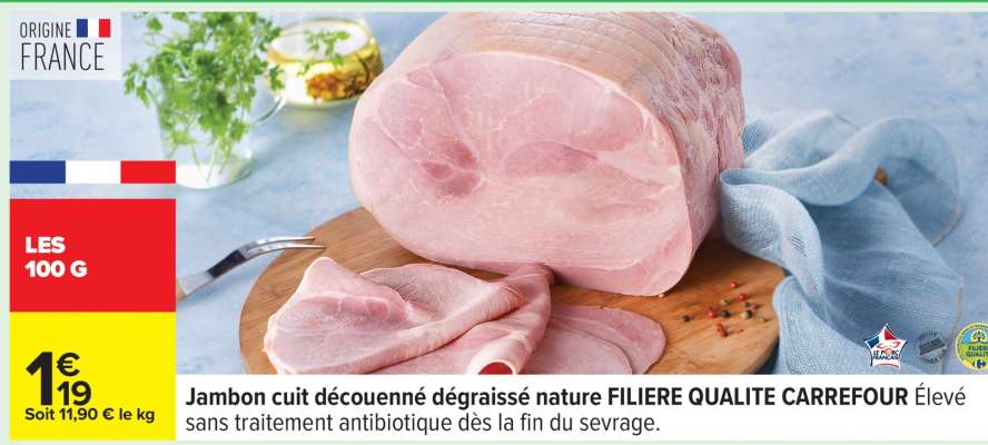 Jambon cuit découenné dégraissé nature FILIERE QUALITE CARREFOUR
