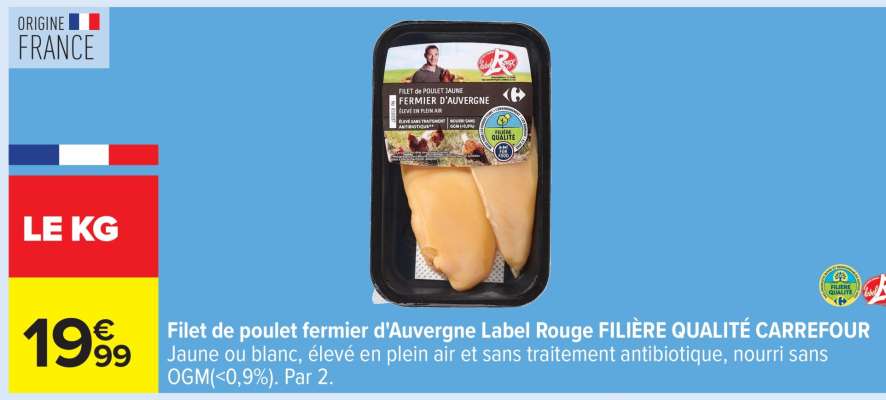 Filet de poulet fermier d'Auvergne Label Rouge FILIÈRE QUALITÉ CARREFOUR