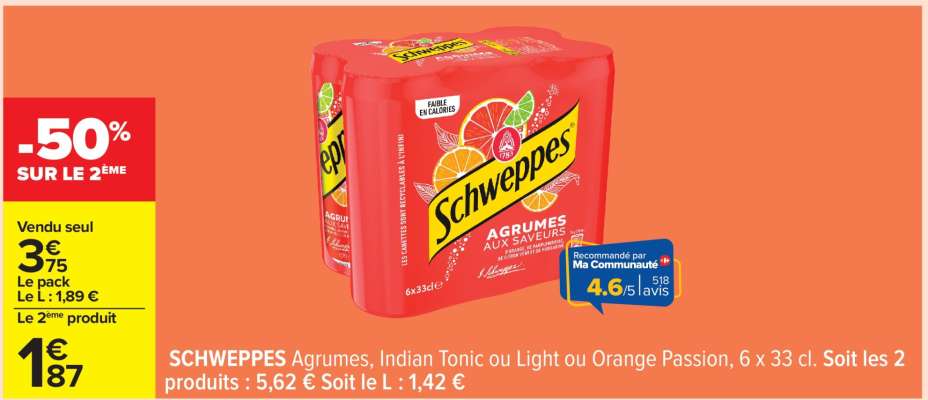 SCHWEPPES Agrumes, Indian Tonic ou Light ou Orange Passion, 6 x 33 cl