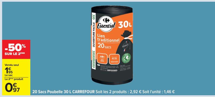 20 sacs poubelle 30 L CARREFOUR