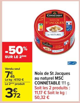 Noix de St Jacques au naturel MSC CONNÉTABLE 111 g