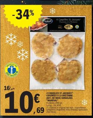 4 COQUILLES ST-JACQUES CUISINEES A LA BRETONNE