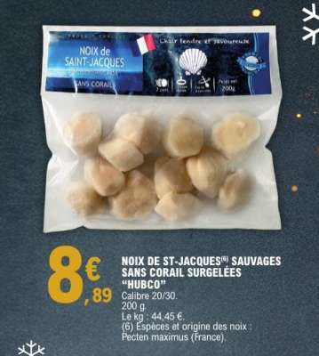 NOIX DE ST-JACQUES SAUVAGES SANS CORAIL SURGELÉES “HUBCO”