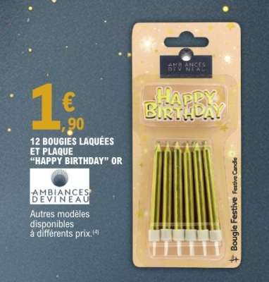 12 BOUGIES LAQUÉES ET PLAQUE “HAPPY BIRTHDAY” OR
