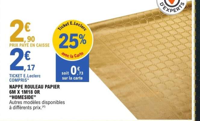 NAPPE ROULEAU PAPIER 6M X 1M18 OR "HOMESIDE"