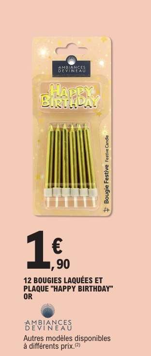 12 BOUGIES LAQUÉES ET PLAQUE “HAPPY BIRTHDAY” OR