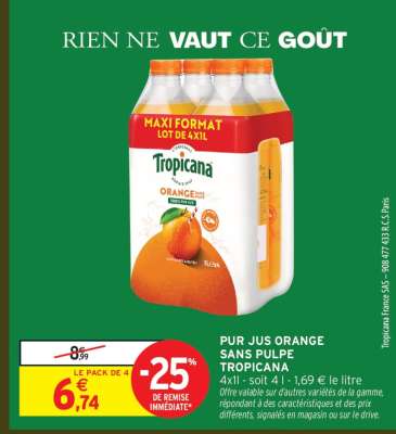PUR JUS ORANGE SANS PULPE TROPICANA