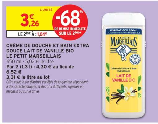CRÈME DE DOUCHE ET BAIN EXTRA DOUCE LAIT DE VANILLE BIO LE PETIT MARSEILLAIS