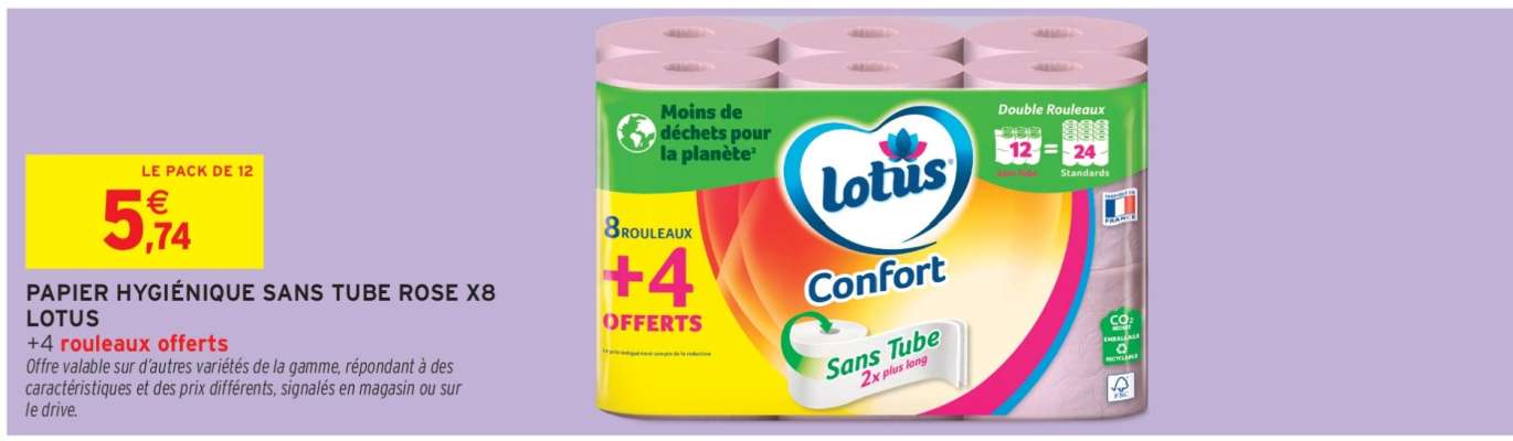 PAPIER HYGIÉNIQUE SANS TUBE ROSE X8 LOTUS