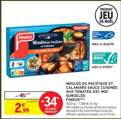 Moules du Pacifique et Calamars Sauce Cuisinée aux Tomates ASC MSC Surgelés Findus