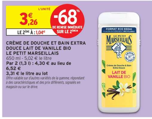 CRÈME DE DOUCHE ET BAIN EXTRA DOUCE LAIT DE VANILLE BIO LE PETIT MARSEILLAIS