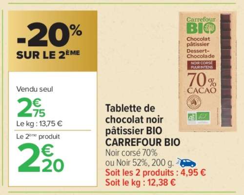 Tablette de chocolat noir pâtissier BIO CARREFOUR BIO