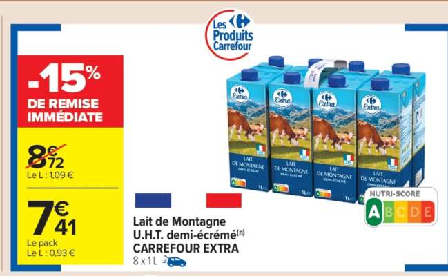 Lait de Montagne U.H.T. demi-écrémé CARREFOUR EXTRA