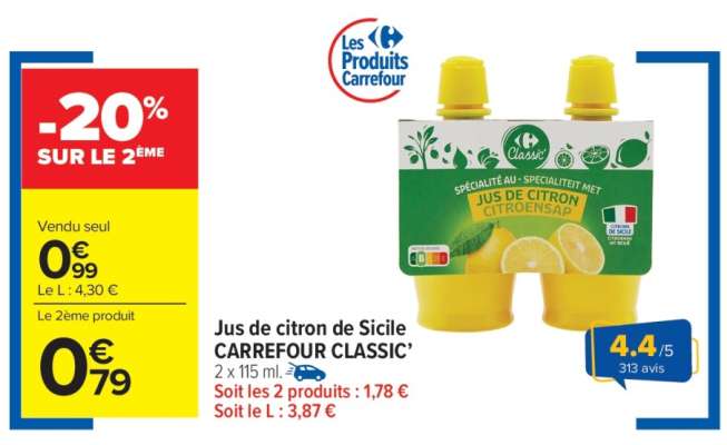 Jus de citron de Sicile CARREFOUR CLASSIC’