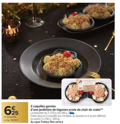 2 coquilles garnies d'une jardinière de légumes ornée de chair de crabe