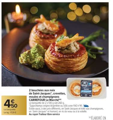 2 bouchées aux noix de Saint Jacques, crevettes, moules et champignons