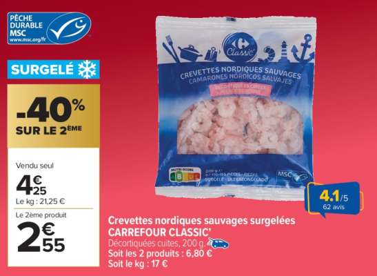 Crevettes nordiques sauvages surgelées CARREFOUR CLASSIC'